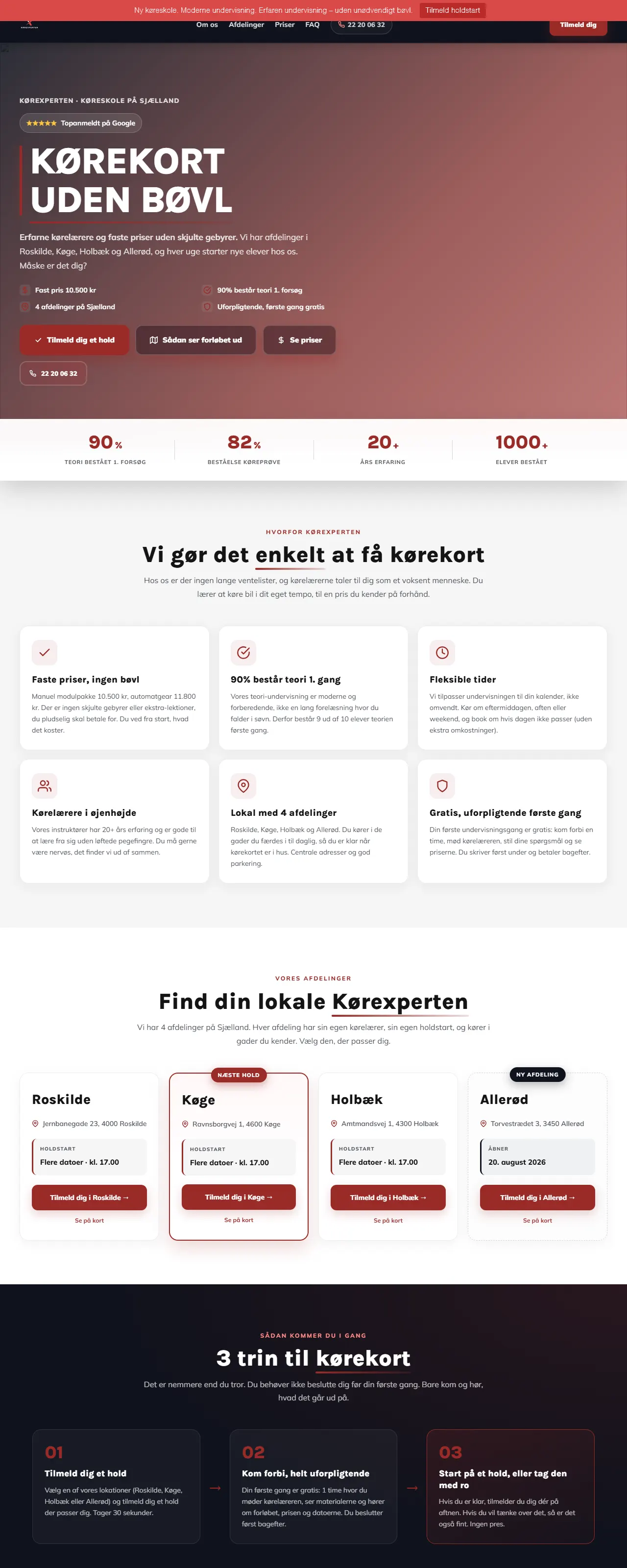 Forsiden på koerexperten.dk med faste priser, beståelsesprocenter og de fire afdelinger