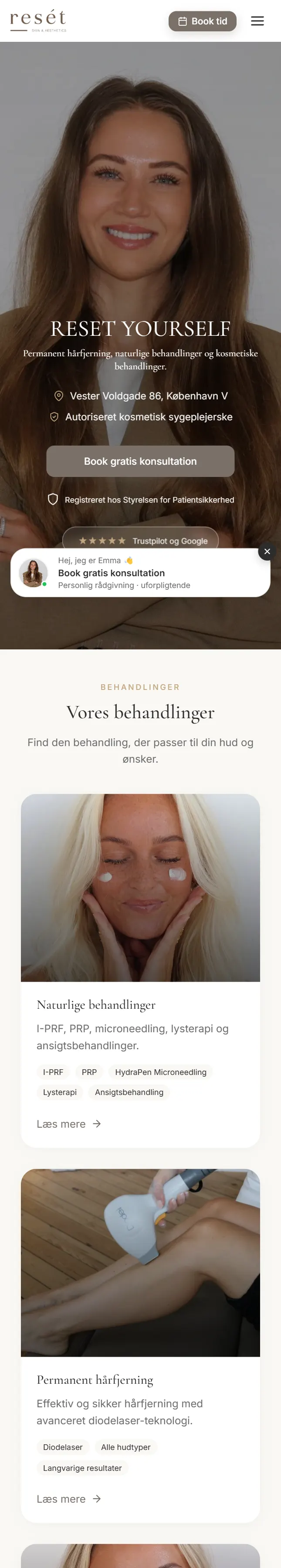Forsiden på resetskin.dk med hero, behandlingsoversigt og booking