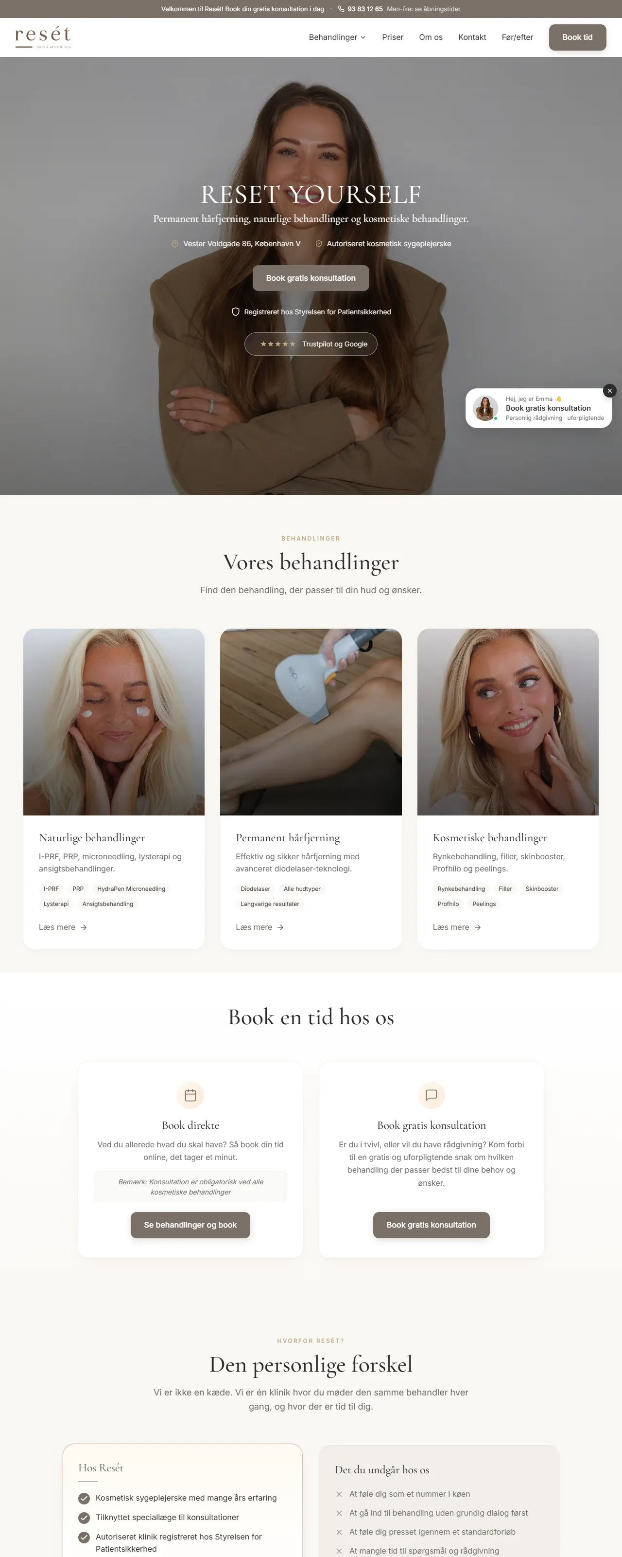 Forsiden på resetskin.dk med hero, behandlingsoversigt og booking
